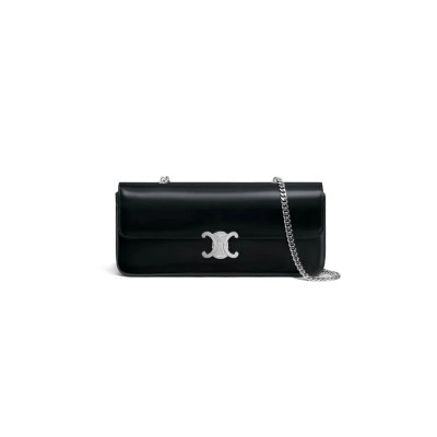 CELINE CHAIN SHOULDER BAG IN TRIOMPHE CANVAS GLOSSY CALFSKIN 197413BF4.38SI (33*13*5cm)